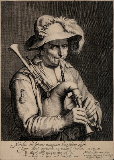 Man spelar säckpipa (gravyr) av Cornelis Bloemaert