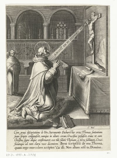 Saint Thomas Aquinos pratar med ett krucifix The Life of Saint Thomas Aquinas (serietitel) av Cornelis Boel