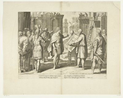 Karel V laat een klooster bouwen, 1555, nr. 8 Scener uit het leven van Karel V (serietitel) Kejsar Karl V:s liv i mycket vackra intaglios, graverade på den berömda A. Tempestes mönster, av två av de skickligaste mästarna J. de Gein & av Cornelis Boel