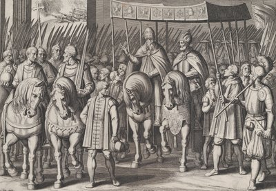 Plåt 3: Karl V krönt kejsare som går in i Rom med påven, från Charl...s triumfer, 1614. av Cornelis Boel