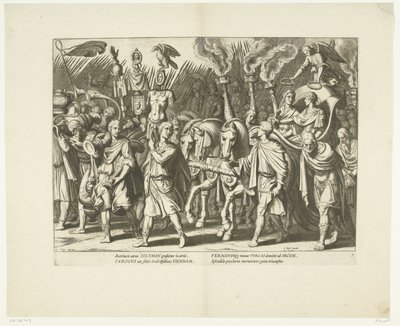 Triomfwagen van Karel V en Ferdinand, na de bevrijding van Wenen van de Turken, ca. 1532, nr. 7 Scener uit het leven van Karel V (serietitel) Kejsar Karl V:s liv i mycket vackra intaglios, ingraverat på mönster av den berömda A. Tempest av Cornelis Boel