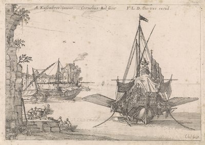 Galei är förankrad i en vik Harbour Views (serietitel) av Cornelis Bol