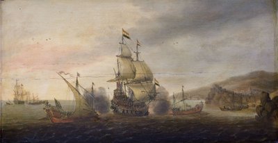 Sjöstrid mellan holländska krigsmän och spanska galeys av Cornelis Bol