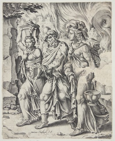 Lot och hans döttrar lämnar det brinnande Sodom av Cornelis Bos
