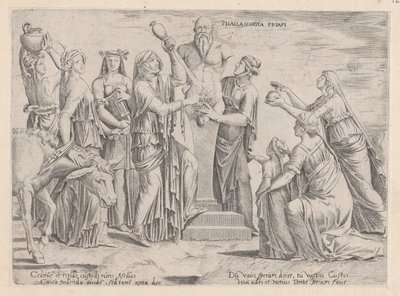 Mirror of Roman Magnificence: Åtta kvinnor som offras till Priapus, 1500-talet., 1500-talet. av Cornelis Bos.