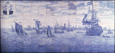 Panorama av Rotterdams hamn, ca 1700 (keramik) av Cornelis Boumeester