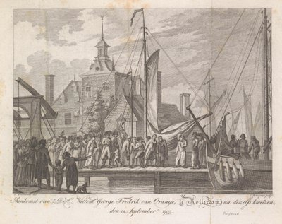 Den sårade prins Willem George Frederiks ankomst till Rotterdam, 1793 Ankomst av Z.D.H. Willem George Fredrik van Oranje, i Rotterdam, efter sina sår, 15 september 1793 (titel på objekt) av Cornelis Brouwer
