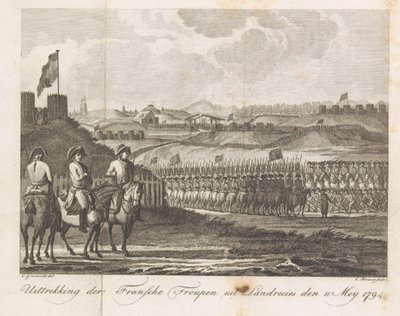 Franska trupper lämnar Landrecy, 1794 De franska truppernas tillbakadragande från Landrecies den 11 maj 1794 (titel på objekt) av Cornelis Brouwer