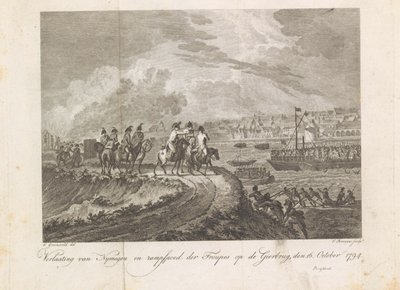 Franska beskjuter de flyende trupperna på Gierbrug, 1794 Övergivande av Nymegen och Katastrof för trupperna på Vulture Bridge, 16 oktober 1794 (titel på objekt) av Cornelis Brouwer