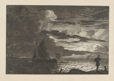 Man med väska på axeln vid soluppgången av Cornelis Brouwer