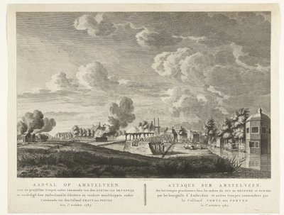 Preussiska trupper attackerar Amstelveen som försvaras av Amsterdams milismän den 1 oktober 1787 Attack på Amstelveen ... den 1 oktober 1787 (titel på objekt) Attaque sur Amstelveen ... le 1er. Oktober 1787 (titel på objekt) av Cornelis Brouwer