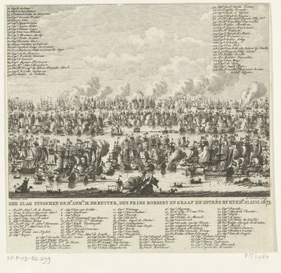 Slaget vid Kijkduin, 1673 Sjöstrid mellan Hr. administration. M. de Ruiter, Prins Robbert och greve de Estrée av Kykdn. 21 augusti 1673 (titel på objekt) av Cornelis Brouwer