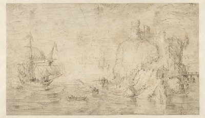 Seascape med ett skepp nära en ö av Cornelis Claesz van Wieringen (attributed to)