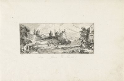 Flodlandskap med två kvinnor på en bro Landskap (serietitel) av Cornelis Claesz van Wieringen (possibly)