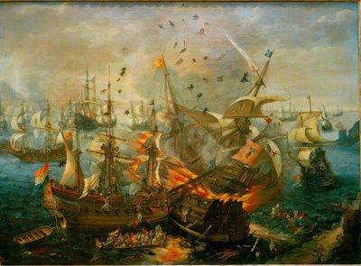 Explosionen av det spanska amiralskeppet (...) av Cornelis Claesz  van Wieringen