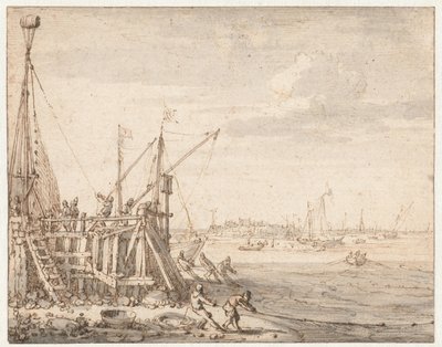 Hamnhuvud med fiskare som drar in sina nät av Cornelis Claesz  van Wieringen