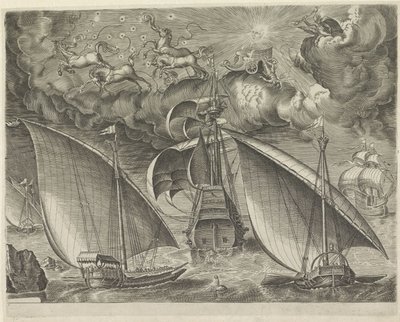 Två galärer bakom en tremästare, på himlen Phaëthons fall Segelfartyg (serietitel) av Cornelis Cort (possibly)