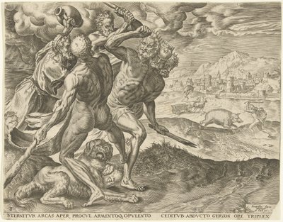 Hercules dödar Geryon och hans hund Labours of Hercules (serietitel) av Cornelis Cort