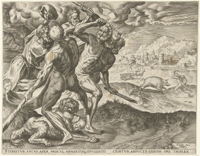 Hercules dödar Geryon och hans hund Labours of Hercules (serietitel) av Cornelis Cort