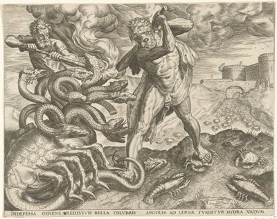 Herkules erövrar Lernas hydra Labours of Hercules (serietitel) av Cornelis Cort