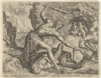 Herkules drar Cerberus ut ur helvetet Labours of Hercules (serietitel) av Cornelis Cort