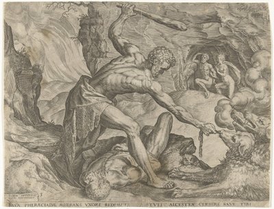 Herkules drar Cerberus ut ur helvetet Labours of Hercules (serietitel) av Cornelis Cort