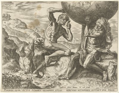 Hercules bär jordklotet för Atlas Labours of Hercules (serietitel) av Cornelis Cort