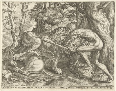 Herkules stryper det Nemeiska lejonet Labours of Hercules (serietitel) av Cornelis Cort