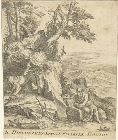 Landskap med läsning Hieronymus av Cornelis Cort