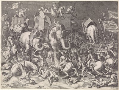 Slaget vid Zama mellan Scipio och Hannibal, på natten av Cornelis Cort