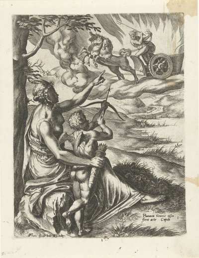 Venus beordrar Amor att genomborra Plutos hjärta med en pil The History of Pluto and Proserpina (serietitel) av Cornelis Cort