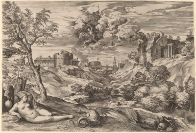 Landskap med Roger Liberating Angelica av Cornelis Cort after Titian