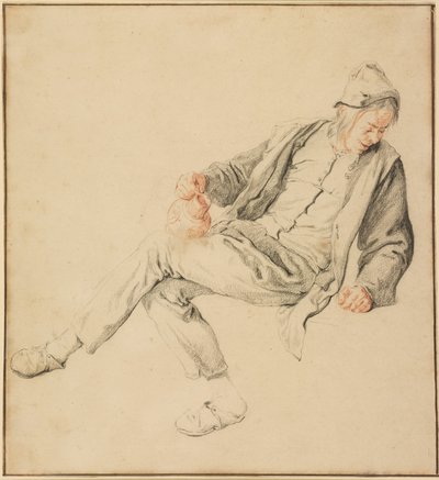 En sittande bonde tittar ner åt höger och håller i en kanna av Cornelis Dusart