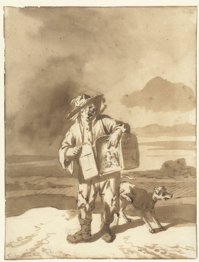 En ung man med en Peep Show och en hund Pojke med utsiktslåda och hund, ca 1700 av Cornelis Dusart