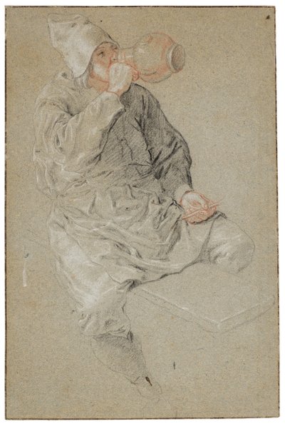 En sittande man dricker ur ett kärl i lergods och håller i en pipa (krita på papper) av Cornelis Dusart
