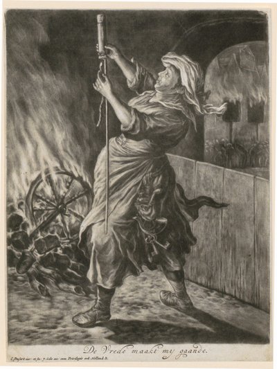 En kvinna tänder en ljusraket, blad 5 ur serien "Allmän glädje över belägringen av Namur av Vilhelm III, 1695" av Cornelis Dusart