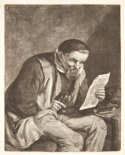 Sittande bonde som läser ett brev av Cornelis Dusart