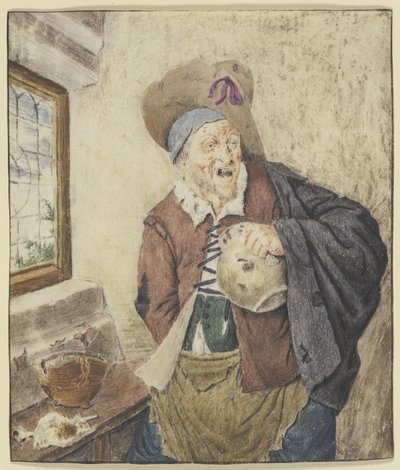 Trasig bonde vid ett fönster, med en kruka i handen av Cornelis Dusart
