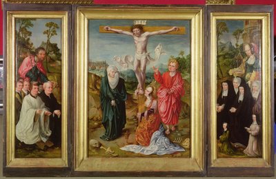 Triptyk över korsfästelsen: St. Barbara med donatorer (höger flygel); St. James the Greater med donatorer (vänster flygeln); Korsfästelsen (mitten) av Cornelis Engebrechtsz
