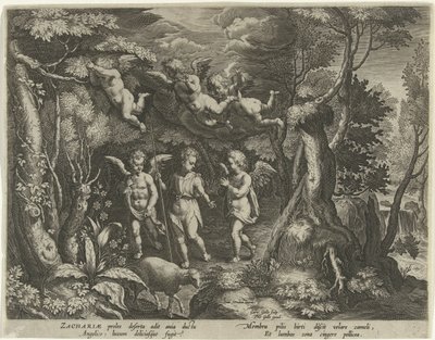 Johannes döparen åtföljs av änglar när han går ut i öknen The Life of John the Baptist (serietitel) av Cornelis Galle (I)