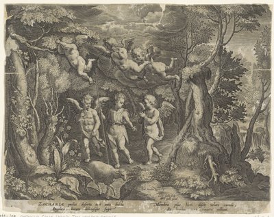 Johannes döparen åtföljs av änglar när han går ut i öknen The Life of John the Baptist (serietitel) av Cornelis Galle (I)