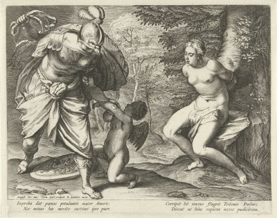 Venus knuten till ett träd och Amor straffad av Minerva av Cornelis Galle (I)
