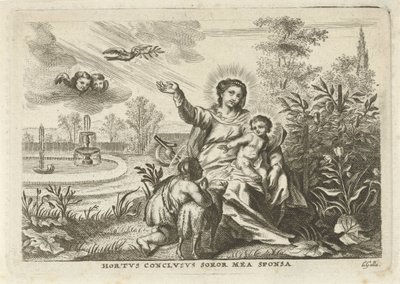 Maria träffade Kind en Johannes de Doper i de Hortus Conclusus av Cornelis Galle (II)