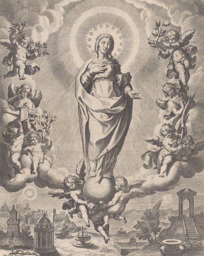 Jungfrun i ära, stående på moln och omgiven av änglar som håller i symbolerna ..., 1595-1633. av Cornelis Galle I