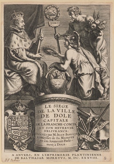 Titelsida för Jean Boyvin, Belägringen av staden Dole av Cornelis Galle I after Erasmus Quellinus II after Sir Peter Paul Rubens