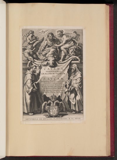 Titelsida för Balthasar Cordier, Chain of Sixty Qvinqve Graecorvm Patrvm in S. Lvcam... av Cornelis Galle I after Sir Peter Paul Rubens