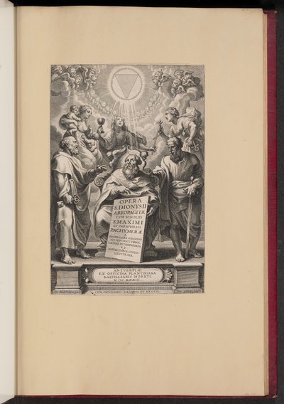 Titelsida för Balthasar Cordiers "Verk av St. Dionysius Areopagiten, I" av Cornelis Galle I after Sir Peter Paul Rubens
