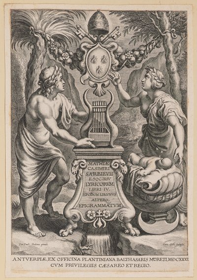 Titelsida för M.C. Sarbievsky, Lyricum Bok IV av Cornelis Galle I after Sir Peter Paul Rubens