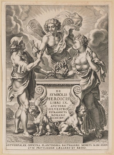 Titelsida för Silvester Pietrasanta, om heroiska symboler av Cornelis Galle I after Sir Peter Paul Rubens
