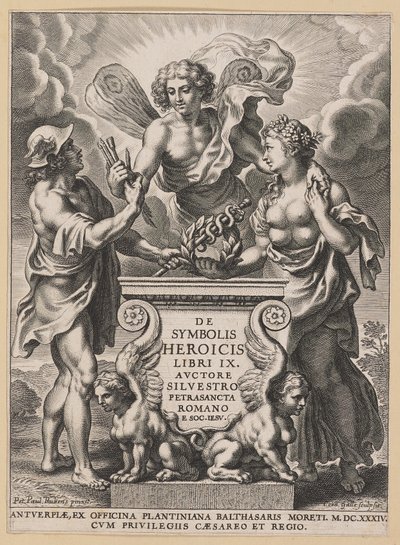 Titelsida för Silvester Pietrasanta, om heroiska symboler av Cornelis Galle I after Sir Peter Paul Rubens